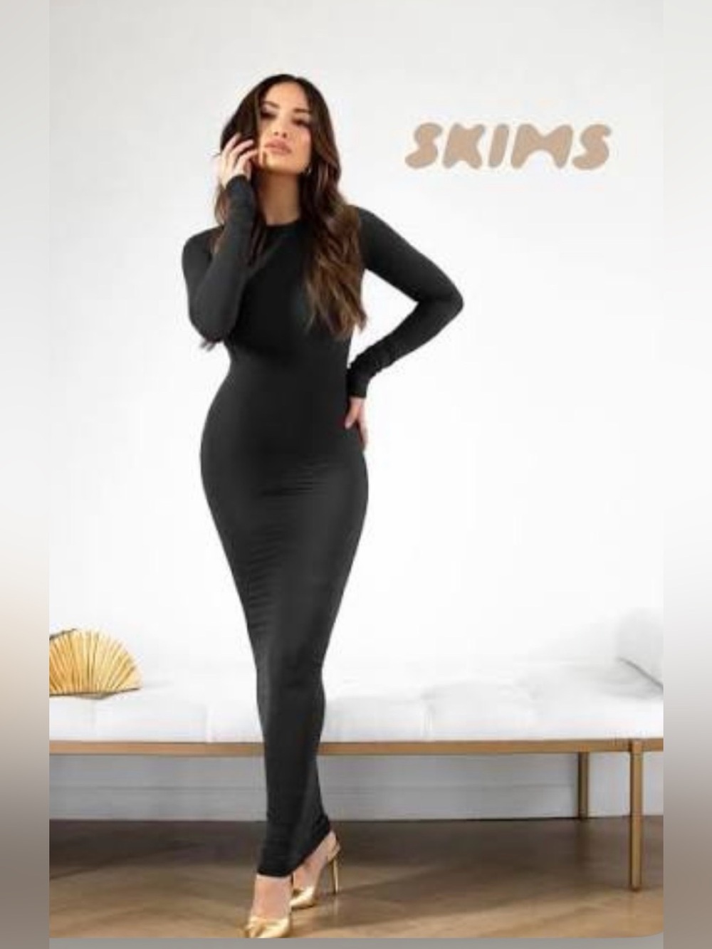 SKIMS Fits Everybody Crew Neck Long Sleeve Dress NWT XS Black